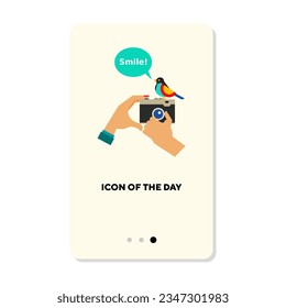 Photographer hands creating photo flat vector icon. Artistic hobby for creative people, bird on camera isolated vector illustration. Lifestyle, entertainment, art concept for web design and apps