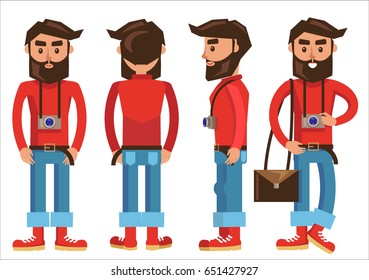 Photographer with hanging camera and bag in various poses. Vector poster of man characters with dark hair and beard, wearing red sweater and shoes, blue trousers. Male person constructor template