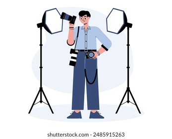 Photographer has many cameras in his photo studio, vector illustration.