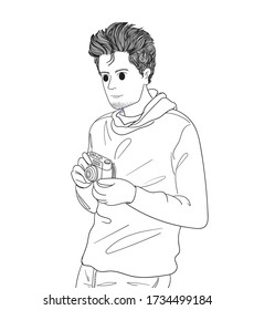The photographer held the camera in the middle of a public place.Doodle art concept,illustration painting
