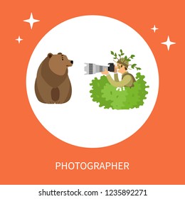 Photographer hiding in bushes taking photo of wild bear on professional camera. Journalist shooting wildlife animal vector illustration isolated in circle