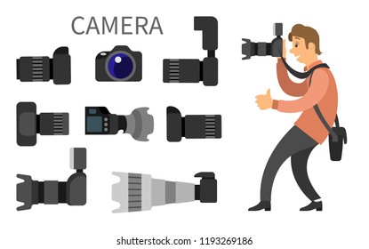 Photographer and high resolution action cameras with lens vector photocameras isolated. Gear with flash and zoom function, photojournalist and tripod