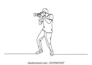 Fotógrafo segurando a câmera em desenho contínuo de uma linha. Ilustração de arte de linha única de câmera de segurança. Conceito de passatempo e dia do fotógrafo. Vetor editável.  