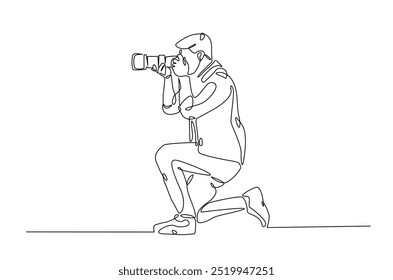 Fotógrafo segurando a câmera em desenho contínuo de uma linha. Ilustração de arte de linha única de câmera de segurança. Conceito de passatempo e dia do fotógrafo. Vetor editável.  