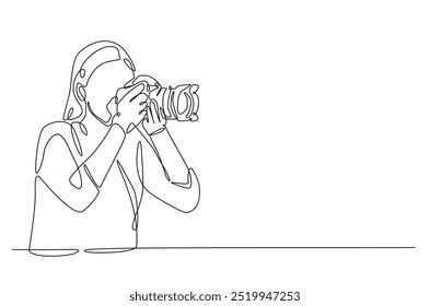 Fotógrafo segurando a câmera em desenho contínuo de uma linha. Ilustração de arte de linha única de mulher segura câmera. Conceito de passatempo e dia do fotógrafo. Vetor editável.  