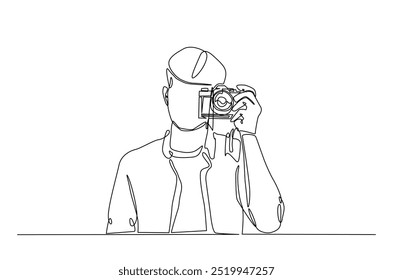 Fotógrafo segurando a câmera em desenho contínuo de uma linha. Ilustração de arte de linha única de câmera de segurança. Conceito de passatempo e dia do fotógrafo. Vetor editável.  