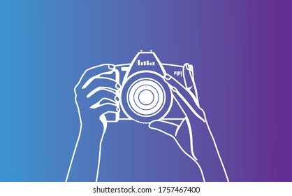 The photographer is holding a camera and is preparing to take a photo. White vector hands contour on a violet blue background. Logo for operators, reporters, tourists