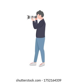 Photographer holding camera. Young teen male take photo shot, according video. Vector illustration.