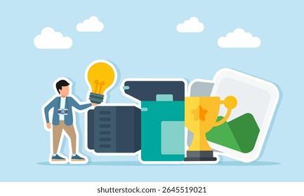 photographer holding a lamp near a camera trophy and photo album illustration of idea and inspiration for joining a photography contest or competition