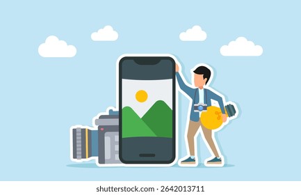 photographer holding light and camera standing near camera and smartphone displaying photo album illustration of searching for content ideas or photo material