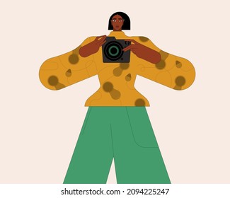 Photographer holding photo camera and photographing. Creative profession or occupation. Cartoon character take photo shot. Colored vector illustration flat style.