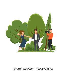 photographer holds a photo session with clients. couple in love is photographed by a professional photographer. Vector illustration isolated on a white background.