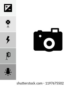 Photographer icon. collection of 6 photographer filled icons such as camera, soft box, light exposure, camera bulb. editable photographer icons for web and mobile.