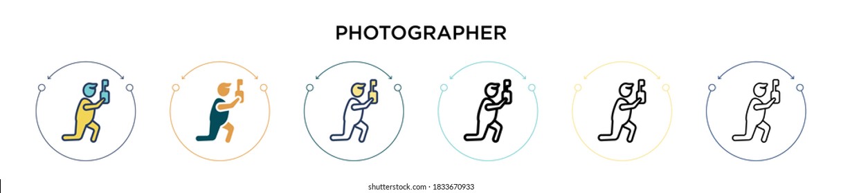 Icono del fotógrafo en el estilo relleno, delgado, contorno y trazo. Ilustración vectorial de dos iconos vectoriales de fotógrafos de color y negro se pueden utilizar para móviles, ui, web