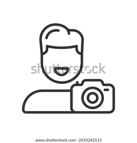 Photographer, icon in line design. Photographer, camera, photography, tripod, lens, shutter, photo shoot on white background vector. Photographer, editable stroke icon
