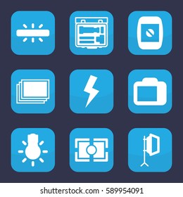 photographer icon. Set of 9 photographer filled icons such as photos, camera display, soft box, camera
