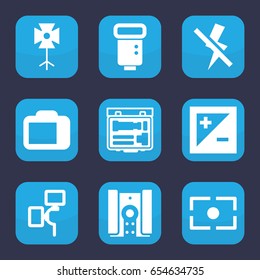 Photographer icon. set of 9 filled photographer icons such as camera flash, soft box, camera, light exposure