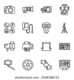 Conjunto de ícones de fotógrafo. Pictograma digital diferente e vintage cam. Imagem vetorial isolada linear dos ícones do equipamento de fotografia.