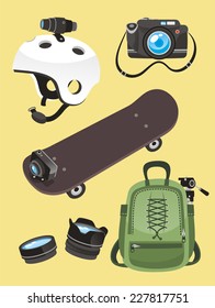 Photographer icon set Helmet camera skate go pro lens backpack, vector illustration cartoon.