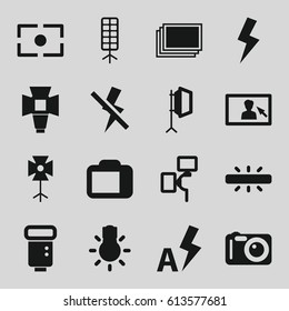 Photographer icons set. set of 16 photographer filled icons such as photos, camera flash, soft box, camera display
