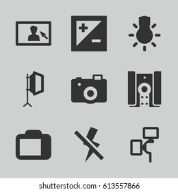 Photographer icons set. set of 9 photographer filled icons such as camera, soft box, camera flash, light exposure