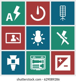 Photographer icons set. set of 9 photographer filled icons such as soft box, camera, light exposure, stopwatch camera, no flash