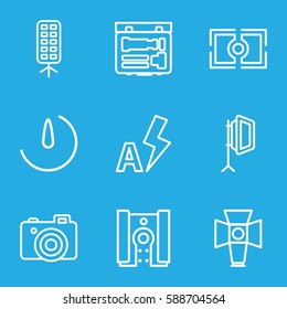 photographer icons set. Set of 9 photographer outline icons such as camera, soft box, stopwatch camera, camera focus