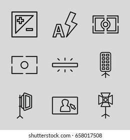 Photographer icons set. set of 9 photographer outline icons such as soft box, light exposure, camera focus, camera, auto flash