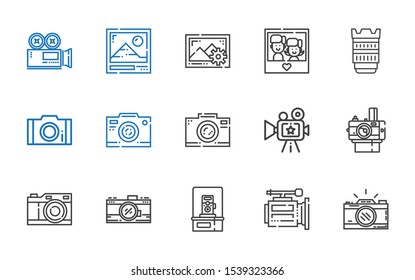 photographer icons set. Collection of photographer with photo camera, video camera, camera, photo, lens, images. Editable and scalable photographer icons.