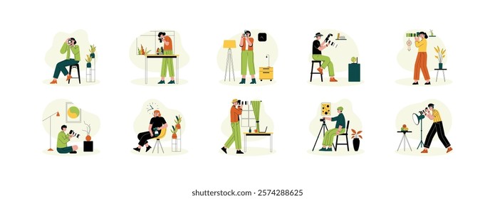 Photographer indoors, taking pictures of objects in the house with his camera, vector illustration.