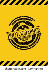 Photographer inside warning sign, black grunge emblem. Vector Illustration. Detailed.