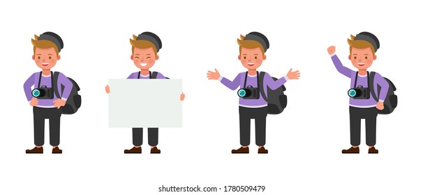 Diseño vectorial de carácter de niño fotógrafo. Presentación en diversas acciones.