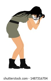 Photographer lady with camera vector illustration. Paparazzi shooting on event. Photo reporter on duty. Sport photography. Journalist woman work breaking news. Wedding fashion photographer focusing.