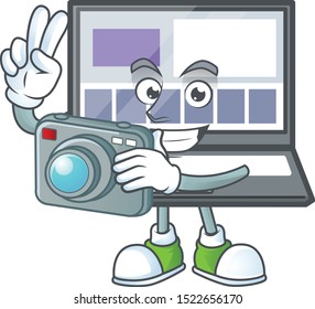 Photographer laptop cartoon mascot on white background.