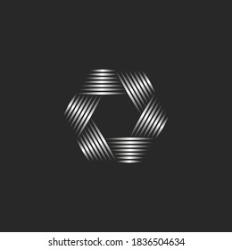 Photographer logo abstract lens aperture hexagon shape, creative emblem for photo studio, visual effect from metallic gradient lines.