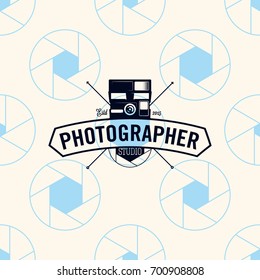 Photographer logo on seamless pattern camera shutter, vector illustration