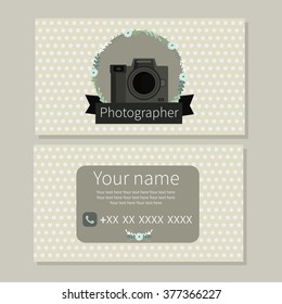 Photographer. Logo. Vector design of business card with nice floral elements and camera. Wedding photographer