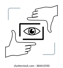 Photographer looking at you making framing hands. Nice frame made from fingers and eye inside. Vector perspective view illustration.
