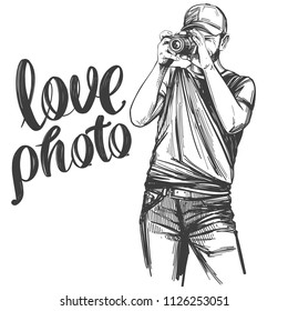 Photographer , love photo, calligraphy text hand drawn vector illustration realistic sketch