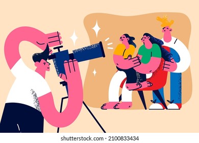 Photographer make picture of happy young family with child. Camera man shoot on cam smiling Caucasian parents with kid. Overjoyed relatives photoshoot. Flat vector illustration. 