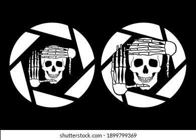 A photographer makes an approximate, preliminary crop of a future photograph with two hands. In the form of a skeleton, skull, bones. Lens aperture, camera diaphragm. Vector isolated background