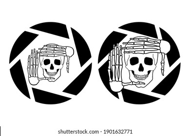 A photographer makes an approximate, preliminary crop of a future photograph with two hands. In the form of a skeleton, skull, bones. Lens aperture, camera diaphragm. Vector isolated background