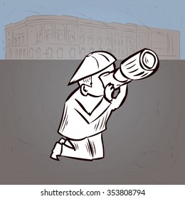 Photographer makes the photo a huge camera on his knees. Hand drawn cartoon vector illustration.