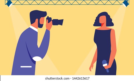 Photographer Makes Photo on Stage. Woman in Rays of Light. Business Training for Women Illustration. Stand in front Audience. Women Business Clothes in Conference Hall. Photographer with Camera