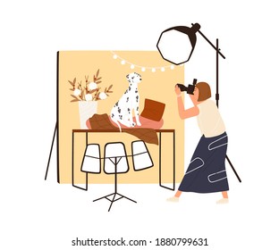 Photographer makes photos of dog in studio with professional light. Woman with camera shooting pet. Photo session or photography of domestic animal. Flat vector illustration isolated on white