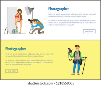 Photographer making photo session of girl in bikini swimwear and professional journalist with tripod and special camera gear equipment vector web posters