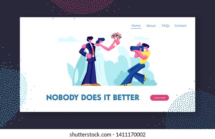 Photographer Making Photo of Wedding Couple of Bride in White Dress with Flowers Bouquet and Groom in Suit on Open Air Ceremony Website Landing Page, Web Page. Cartoon Flat Vector Illustration, Banner
