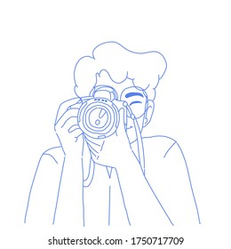 Photographer man character design of vector. Man is focusing camera.
