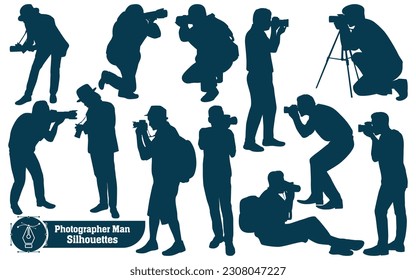 Hombre fotógrafo sostiene vector de silueta de cámara