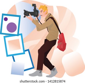 Photographer man holding a DSLR camera taking a picture standing, shooting a picture with camera, a professional man. 